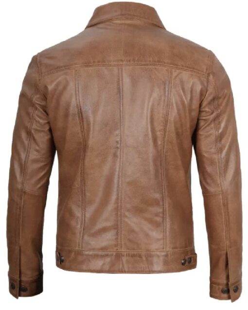 Mens Camel Brown Trucker Leather Jacket