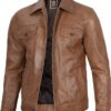 Mens Camel Brown Trucker Leather Jacket