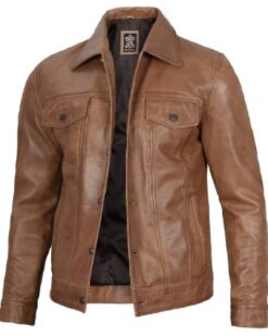 Mens Camel Brown Trucker Leather Jacket