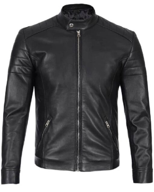 Mens Classic Black Leather Cafe Racer Jacket