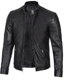 Mens Classic Black Leather Cafe Racer Jacket