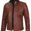 Mens Cognac Brown Leather Biker Jacket