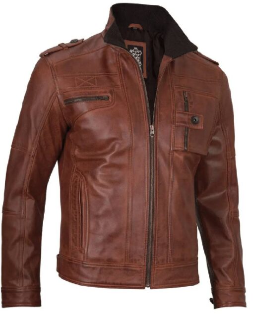 Mens Cognac Brown Leather Biker Jacket