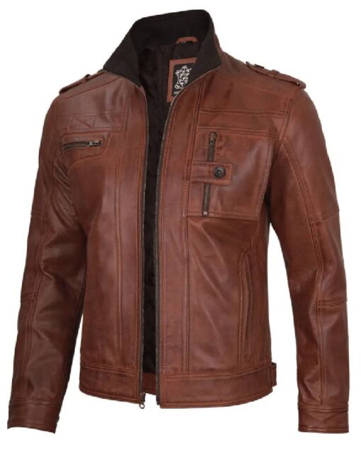 Mens Cognac Brown Leather Biker Jacket