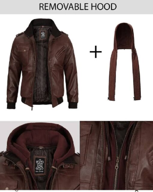 Mens Dark Brown Leather Bomber Jacket With Hood