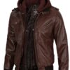 Mens Dark Brown Leather Bomber Jacket With Hood