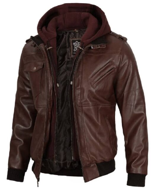 Mens Dark Brown Leather Bomber Jacket With Hood