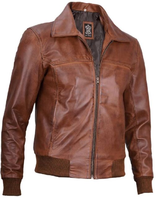 Mens Distressed Brown Harrington Leather Bomber Jacket