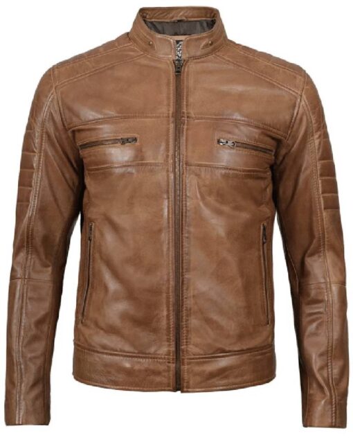 Men’s Distressed Tan Cafe Racer Real Leather Jacket