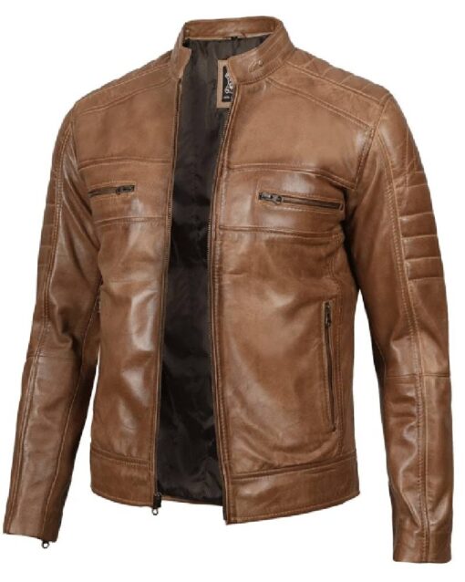 Men’s Distressed Tan Cafe Racer Real Leather Jacket