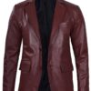 Men’s Notch Lapel Maroon Leather Blazer