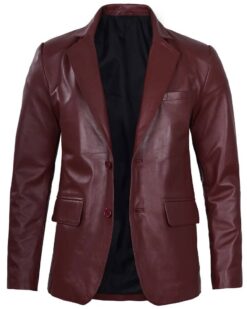 Men’s Notch Lapel Maroon Leather Blazer