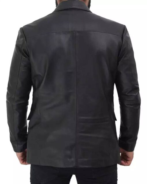 Two Button Notch Lapel Mens Black Leather Blazer