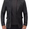 Two Button Notch Lapel Mens Black Leather Blazer