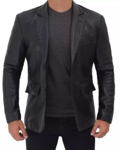 Two Button Notch Lapel Mens Black Leather Blazer