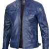 Mens Leather Blue Wax Cafe Racer Biker Jacket