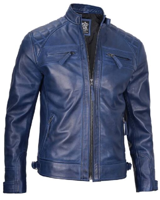 Mens Leather Blue Wax Cafe Racer Biker Jacket