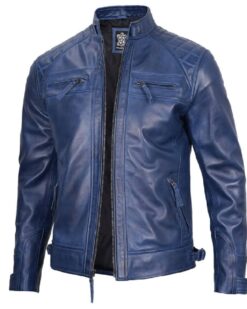 Mens Leather Blue Wax Cafe Racer Biker Jacket