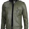 Mens Military Green Leather Biker Jacket