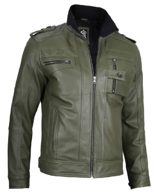 Mens Military Green Leather Biker Jacket