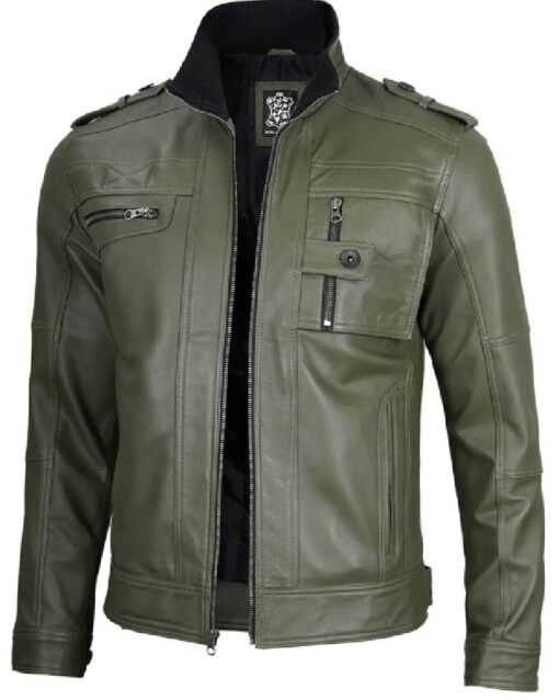 Mens Military Green Leather Biker Jacket