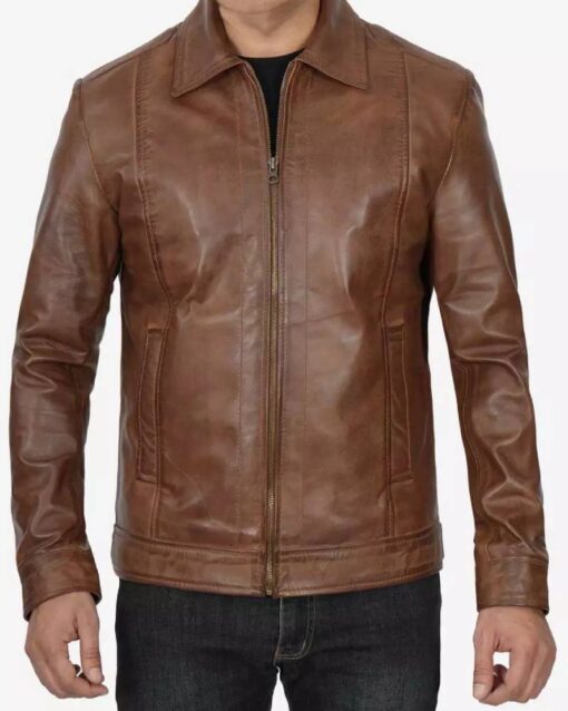 Reeves Mens Shirt Collar Chocolate Brown Leather Jacket