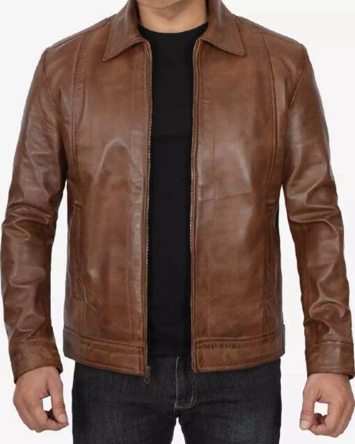 Reeves Mens Shirt Collar Chocolate Brown Leather Jacket