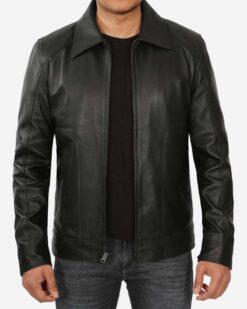 Mens Shirt Collar Classic Black Leather Jacket