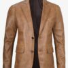 Mens Two Button Camel Brown Leather Blazer