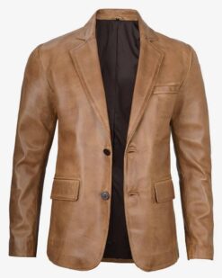 Mens Two Button Camel Brown Leather Blazer