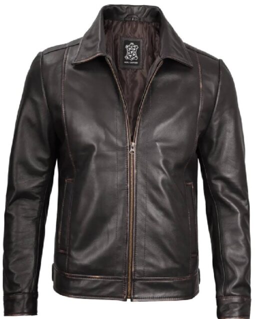 Mens Vintage Leather Rub Off Brown Casual Jacket