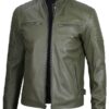 Military Green Cafe Racer Leather Jacket for Men