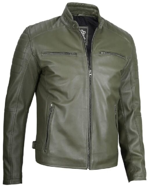 Military Green Cafe Racer Leather Jacket for Men