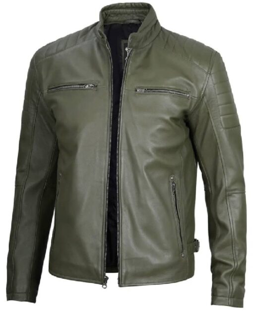 Military Green Cafe Racer Leather Jacket for Men