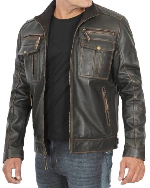 Moffit Mens Dark Brown Cafe Racer Leather Jacket