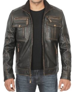 Moffit Mens Dark Brown Cafe Racer Leather Jacket