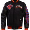 Black New York Knicks Chest Layered Varsity Wool/Leather Jacket