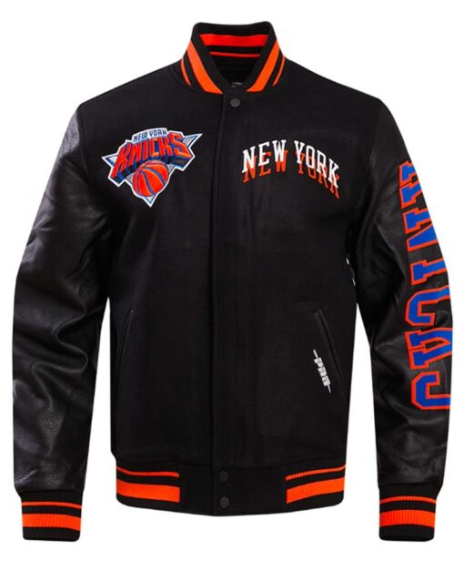 Black New York Knicks Chest Layered Varsity Wool/Leather Jacket