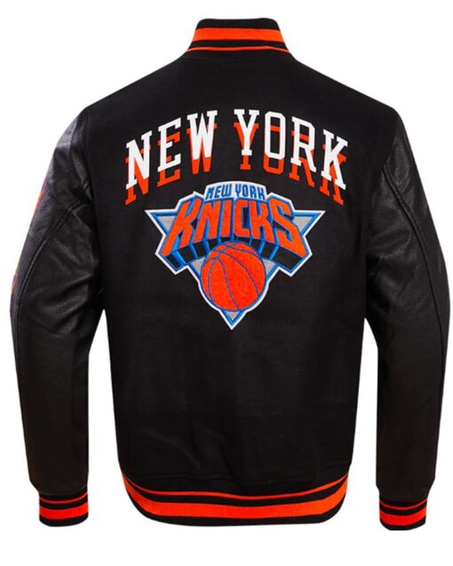 Black New York Knicks Chest Layered Varsity Wool/Leather Jacket