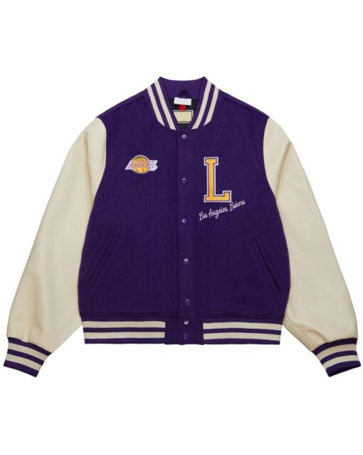 Los Angeles Lakers Purple/Off White Full-Snap Wool/Leather Varsity Jacket