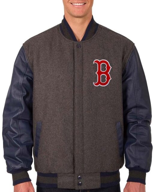 Boston Red Sox Charcoal/Navy Varsity Full-Snap Wool/Leather Jacket