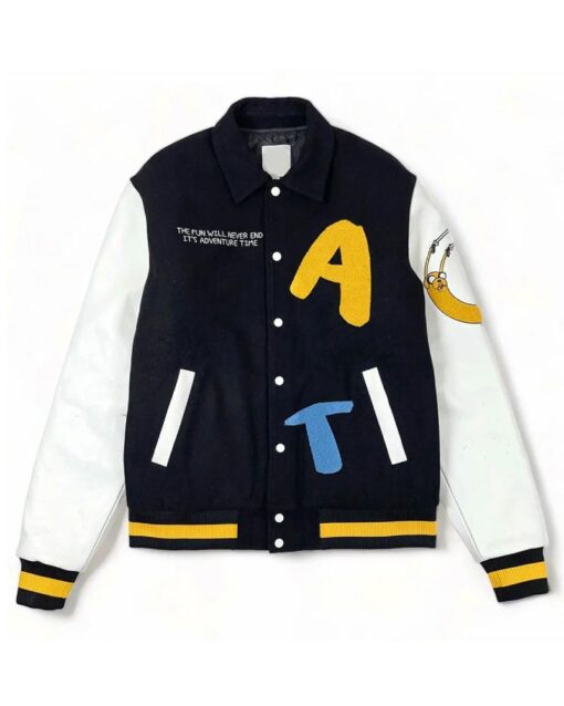 Adventure Time Black and White Full-Snap Wool/Leather Varsity Jacket