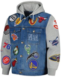 Men’s FISLL Blue/Gray NBA All Teams Full-Button Hoodie Denim Jacket