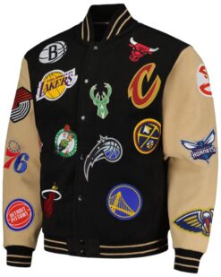 Men’s NBA FISLL Black/Khaki All Logo Aviator Wool Varsity Jacket