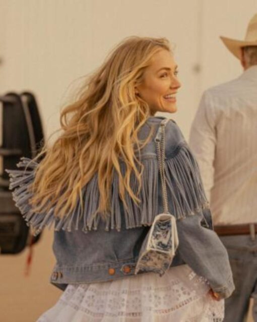 Ainsley Norris Tv Series Landman 2024 Michelle Randolph Blue Denim Fringe Jacket