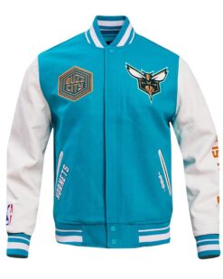 2023/24 City Edition Charlotte Hornets Teal Full-Snap Wool/Leather Varsity Jacket