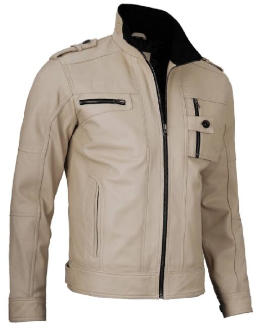 Tavares Mens Distressed Beige Leather Biker Jacket