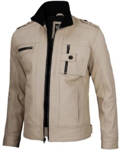 Beige Cafe Racer Leather Jacket for Men