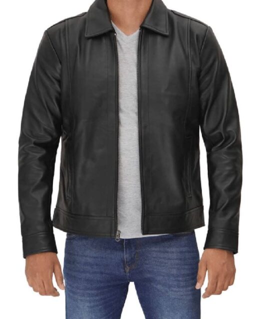 Vegan Black Leather Jacket with Shirt Collar