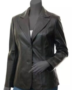 Womens Two Button Black Premium Leather Blazer